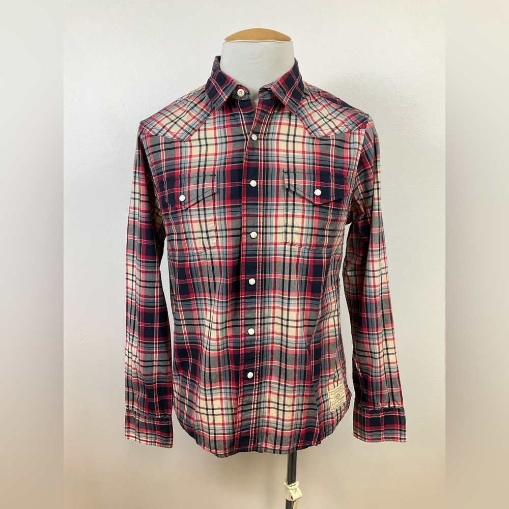 ROEBUCK & CO Mens Vtg Red Plaid Western Yoke Pearl Snap Long Sleeve Shirt, sz MD